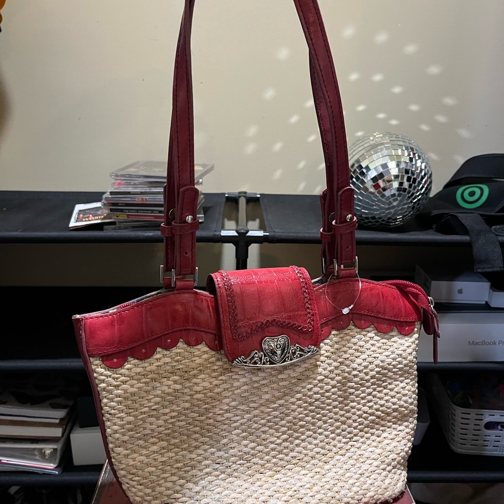 Red and Tan Woven Tote Bag
